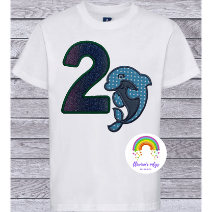 BRO-060 Embroidered t-shirt for 2nd birthday with dolphin & no.2 in glitter. 