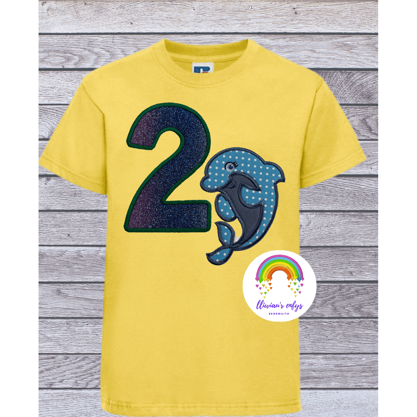 BRO-060 Embroidered t-shirt for 2nd birthday with dolphin & no.2 in glitter. 