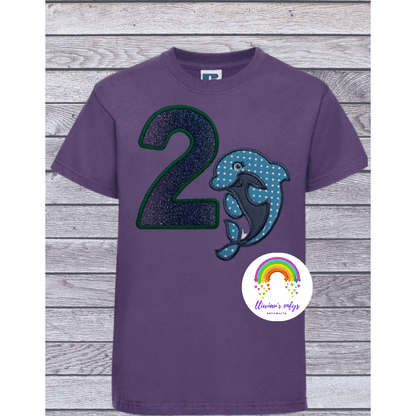 BRO-060 Embroidered t-shirt for 2nd birthday with dolphin & no.2 in glitter.