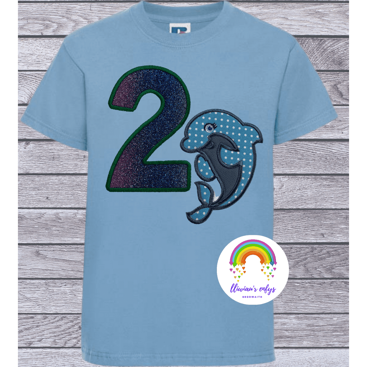 BRO-060 Embroidered t-shirt for 2nd birthday with dolphin & no.2 in glitter.