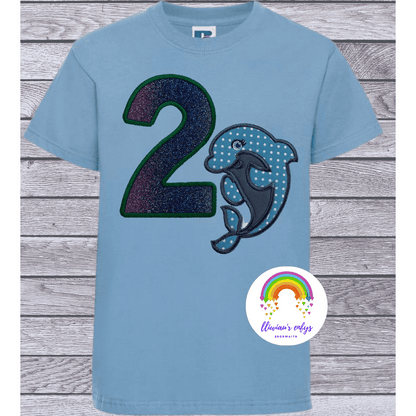 BRO-060 Embroidered t-shirt for 2nd birthday with dolphin & no.2 in glitter.